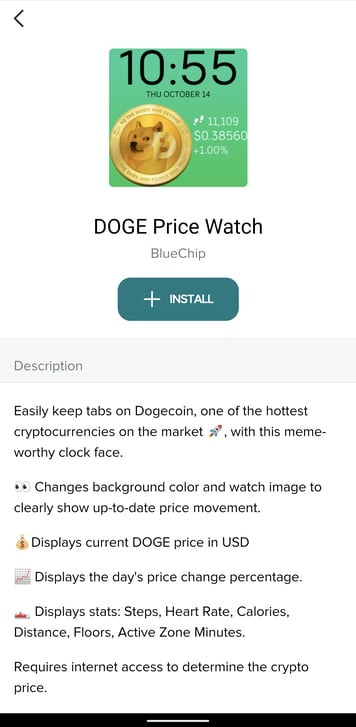 DOGE Price Watch Fitbit clock face details page