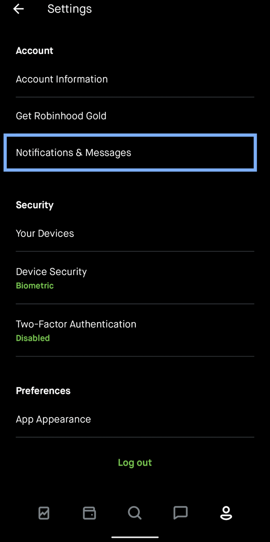 How do I stop Robinhood trade notifications for BlueChip?