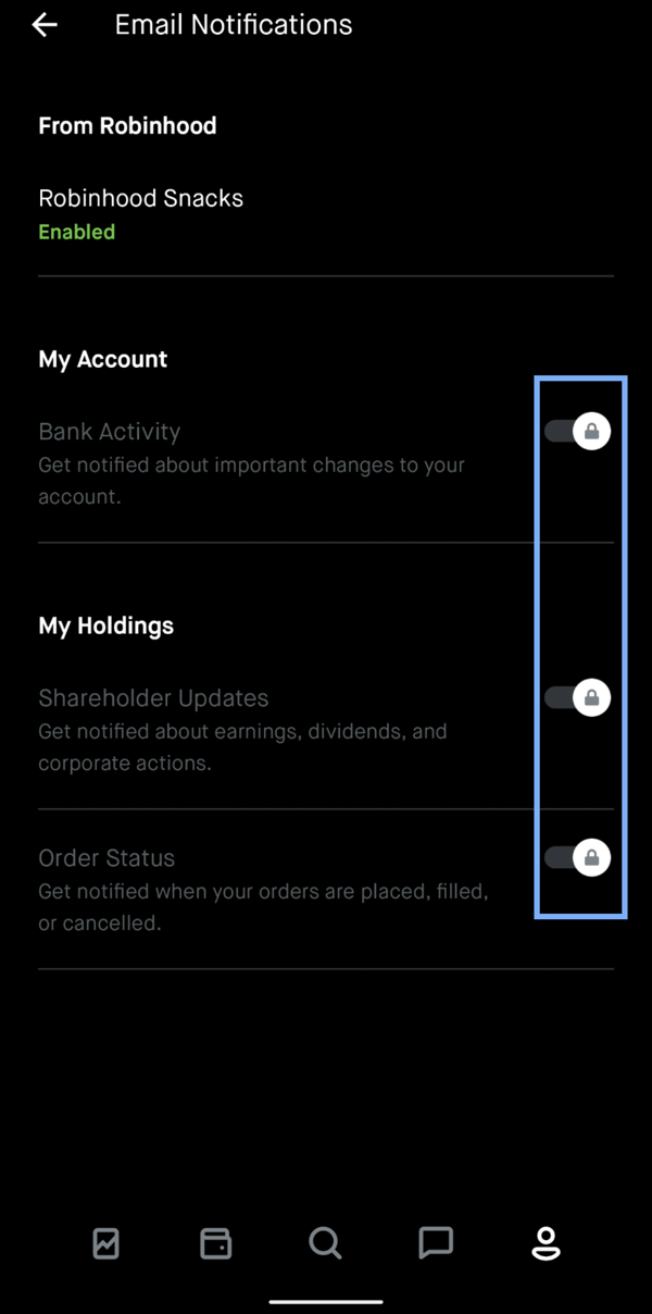 How do I stop Robinhood trade notifications for BlueChip?
